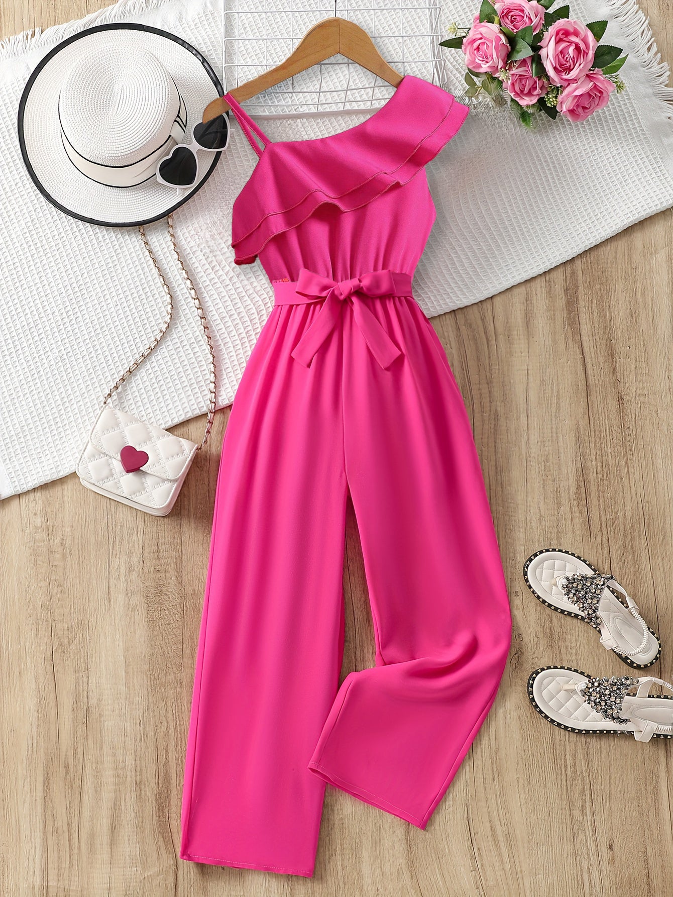 Girls' Pink One-Shoulder Ruffle Jumpsuit Wholesale