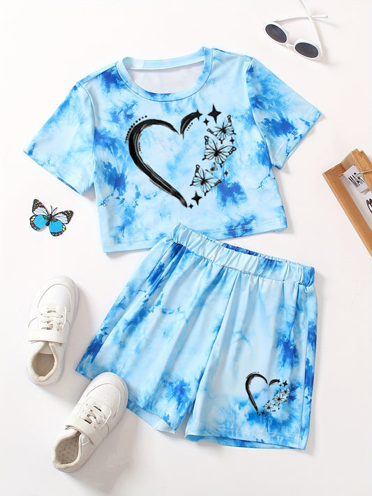 Girls' Blue Tie-Dye Heart & Butterfly Print Lounge Set Wholesale