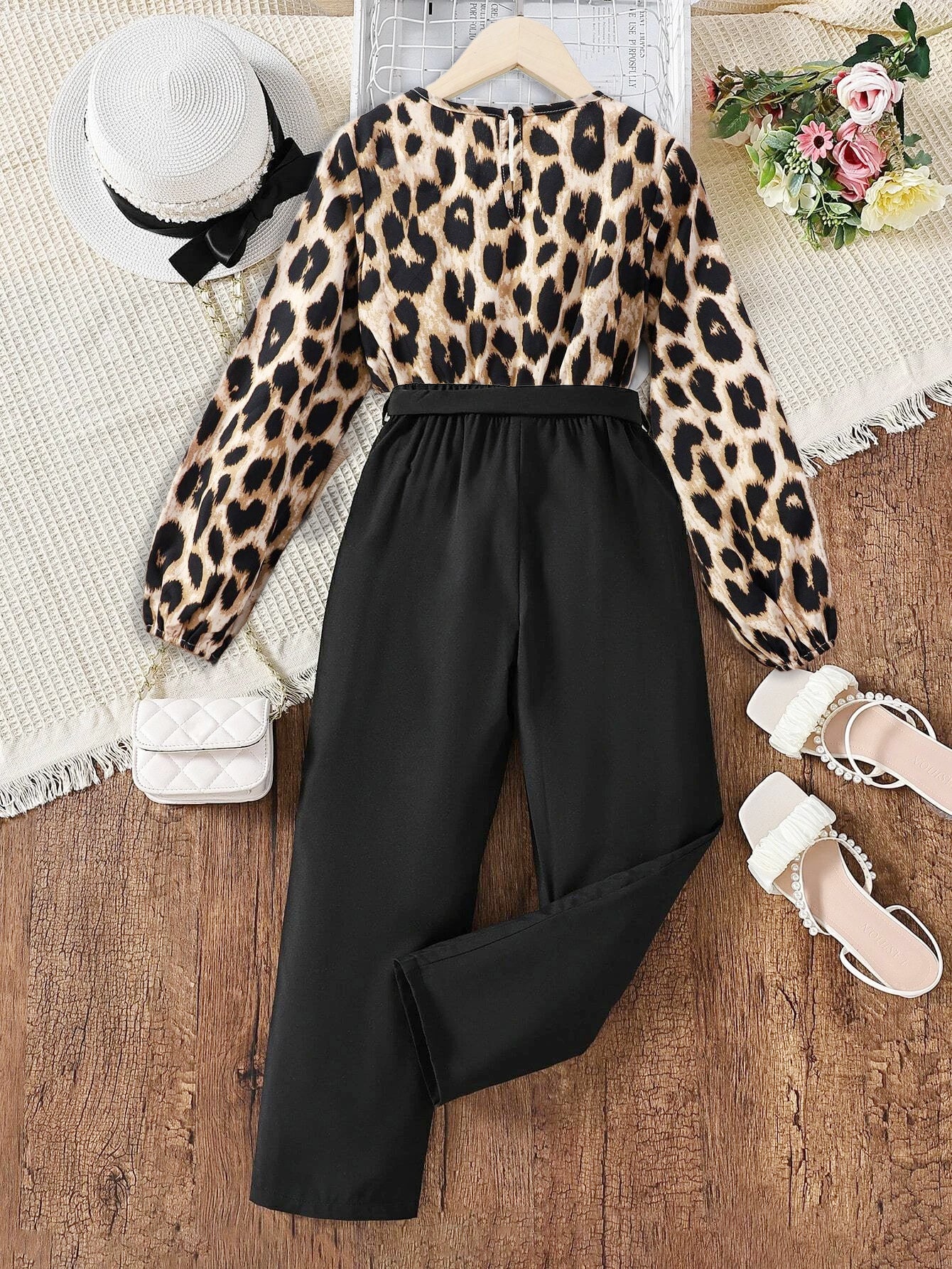 Girls' Leopard Print Puff Sleeve Top & Belted Pants Set Wholesale