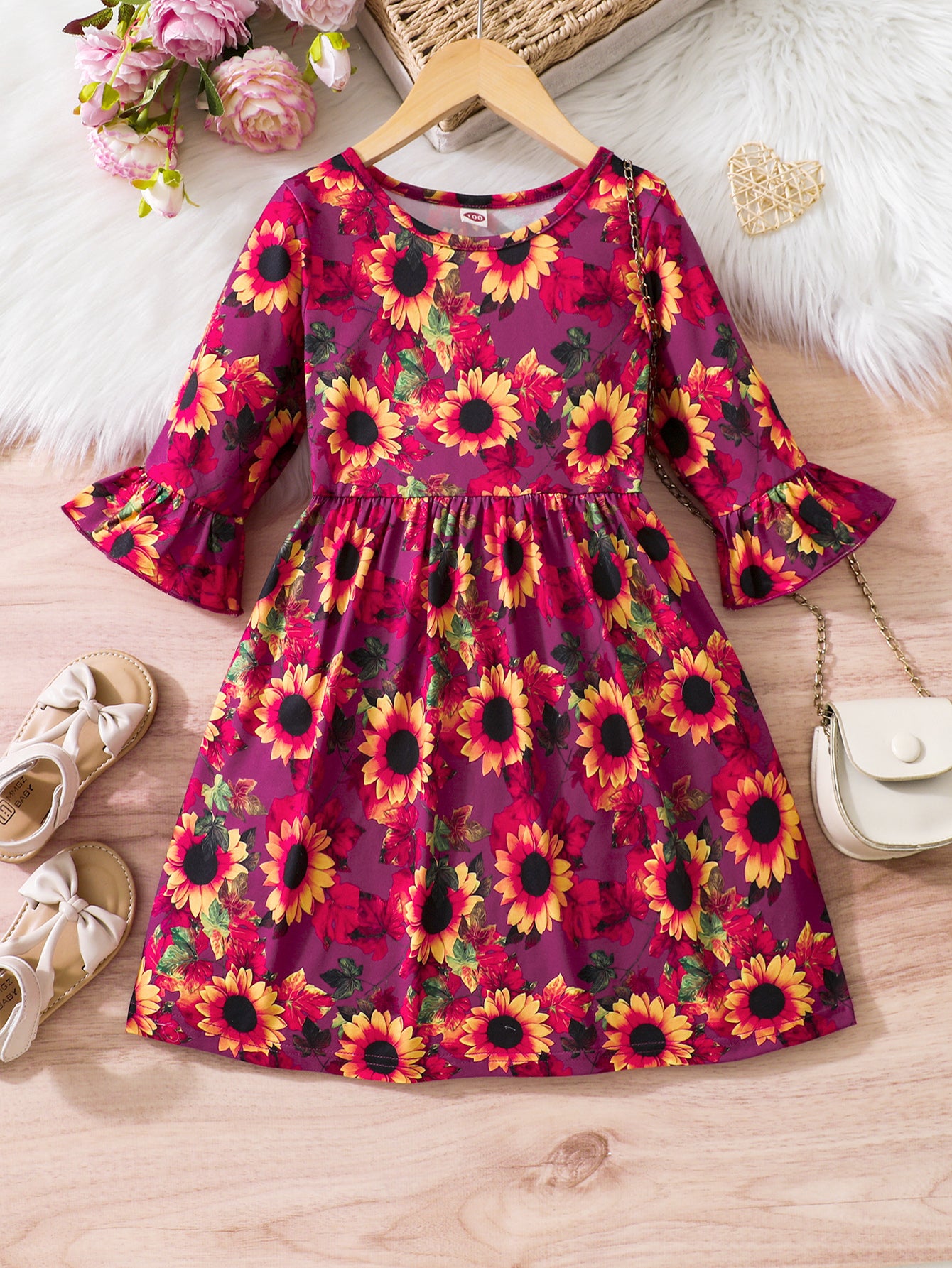 Girls' Sunflower Print Dress with Flared Sleeves Wholesale