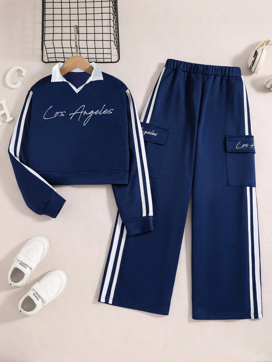 Stylish Girls' "Los Angeles" Navy Blue Tracksuit Set Wholesale