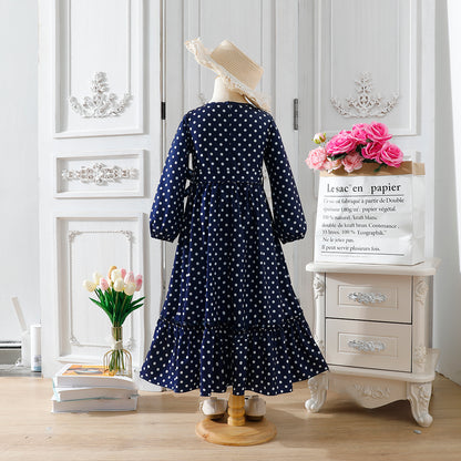 Girls' Navy Blue Polka Dot Long-Sleeve Maxi Dress with Waist Bow Wholesale