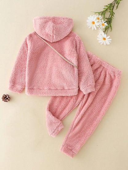 Cozy Pink Fleece Hoodie & Jogger Set with Matching Crossbody Bag for Girls Wholesale