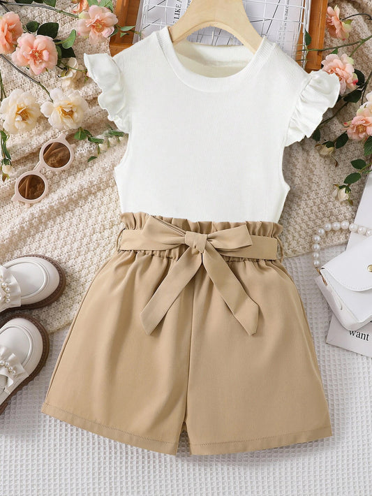 Girls' Ruffled Sleeve Top & Paperbag Waist Shorts Set Wholesale