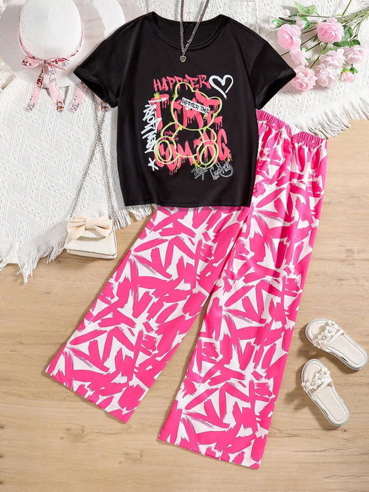 Girls' Graphic Tee & Pink Abstract Print Wide-Leg Pants Set Wholesale