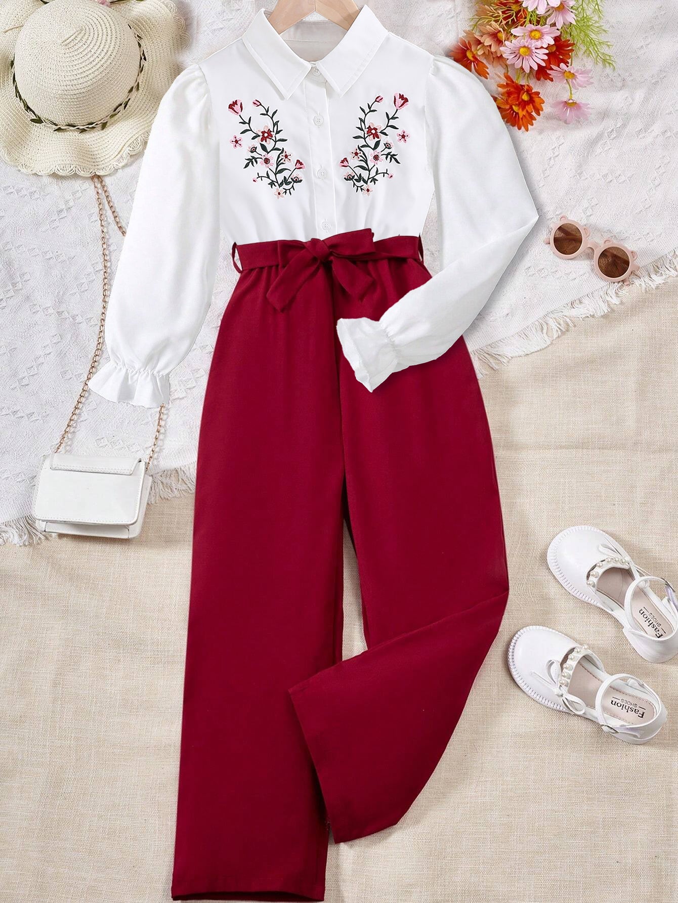 Girls' Embroidered Floral Blouse & High-Waisted Pants Set Wholesale