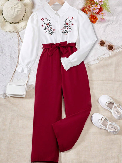 Girls' Embroidered Floral Blouse & High-Waisted Pants Set Wholesale