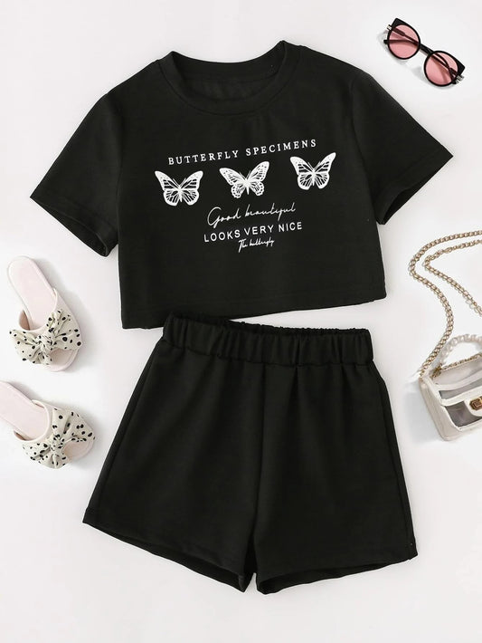 Girls' Black Butterfly Print Crop Top & Shorts Set Wholesale