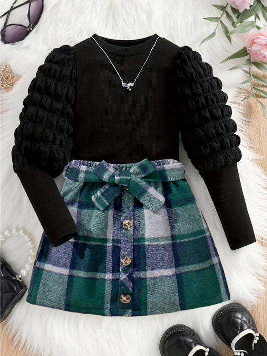 Chic Black Puff Sleeve Top & Plaid Buttoned Skirt Set for Girls Wholesale