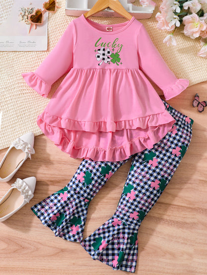 Girls' Lucky Clover Ruffle Tunic & Flared Pants Set Wholesale