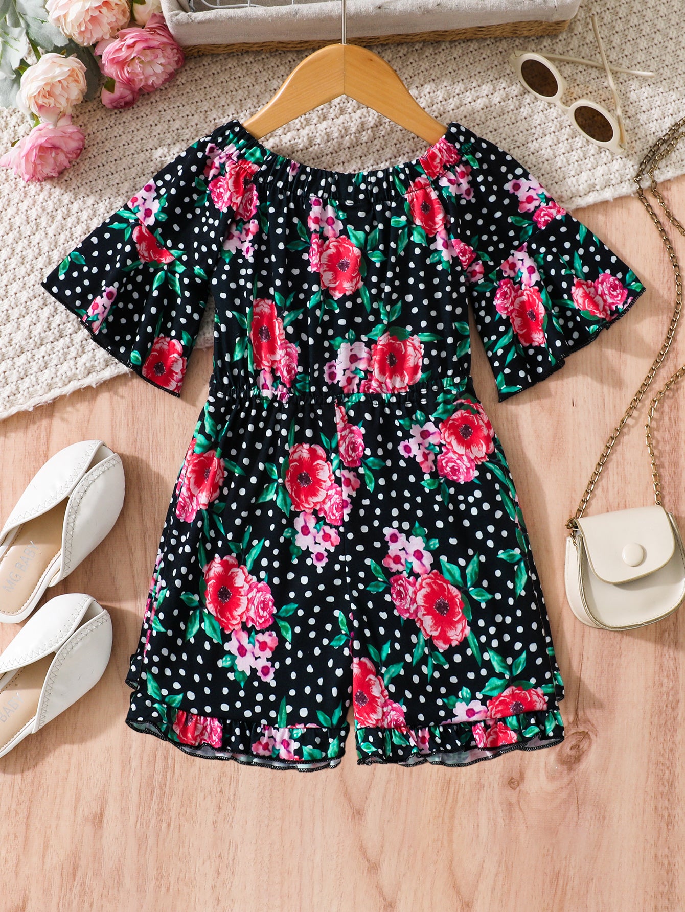 Floral Polka Dot Off-Shoulder Romper for Girls Wholesale