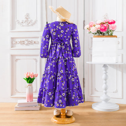 Girls' Purple Floral Tiered Long-Sleeve Maxi Dress Wholesale