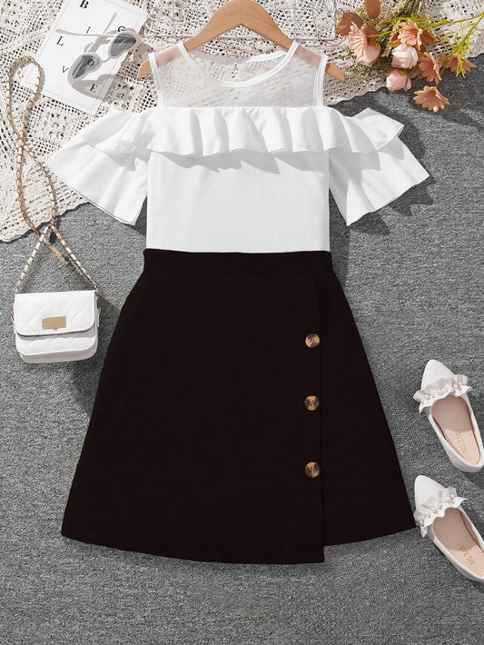 Girls' White Ruffle Top and Black Button Skirt Set Wholesale