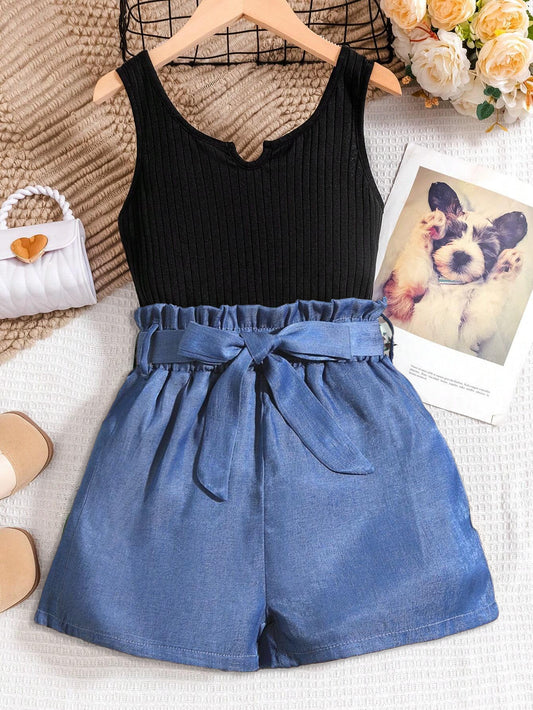 Girls' Ribbed Tank Top & Faux Denim Paper Bag Waist Shorts Set Wholesale