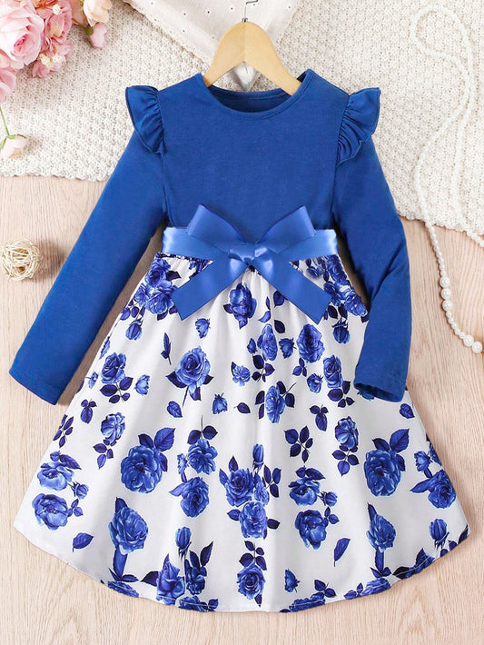 Elegant Girls' Floral Print A-Line Dress with Bow Wholesale