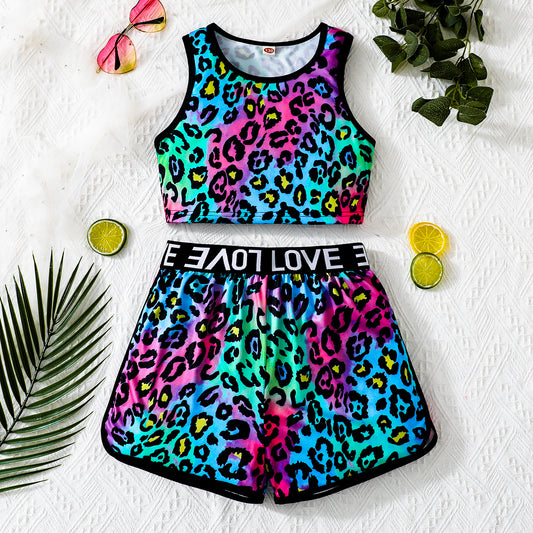 Girls' Neon Leopard Print Crop Top and Shorts Set Wholesale