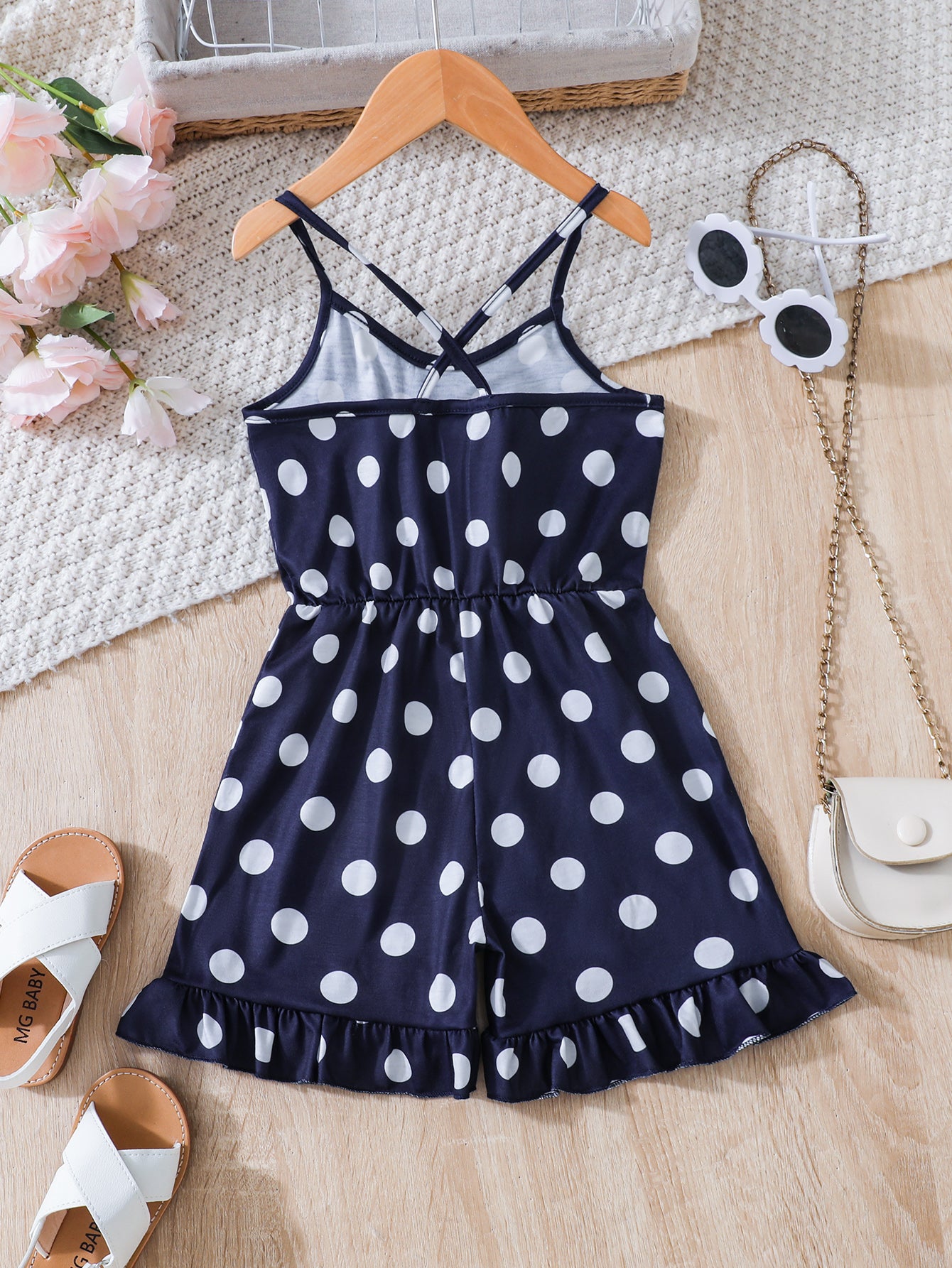 Navy Polka Dot Ruffle Hem Girls' Jumpsuit Wholesale