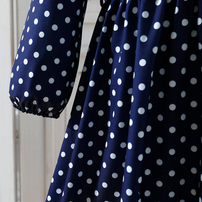 Girls' Navy Blue Polka Dot Long-Sleeve Maxi Dress with Waist Bow Wholesale