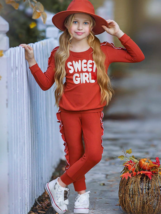 Girls' "Sweet Girl" Ruffled Tracksuit Set Wholesale