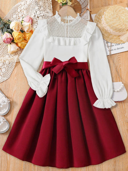 Girls' Elegant Lace Ruffle Top & Bow-Tied Pleated Dress Wholesale