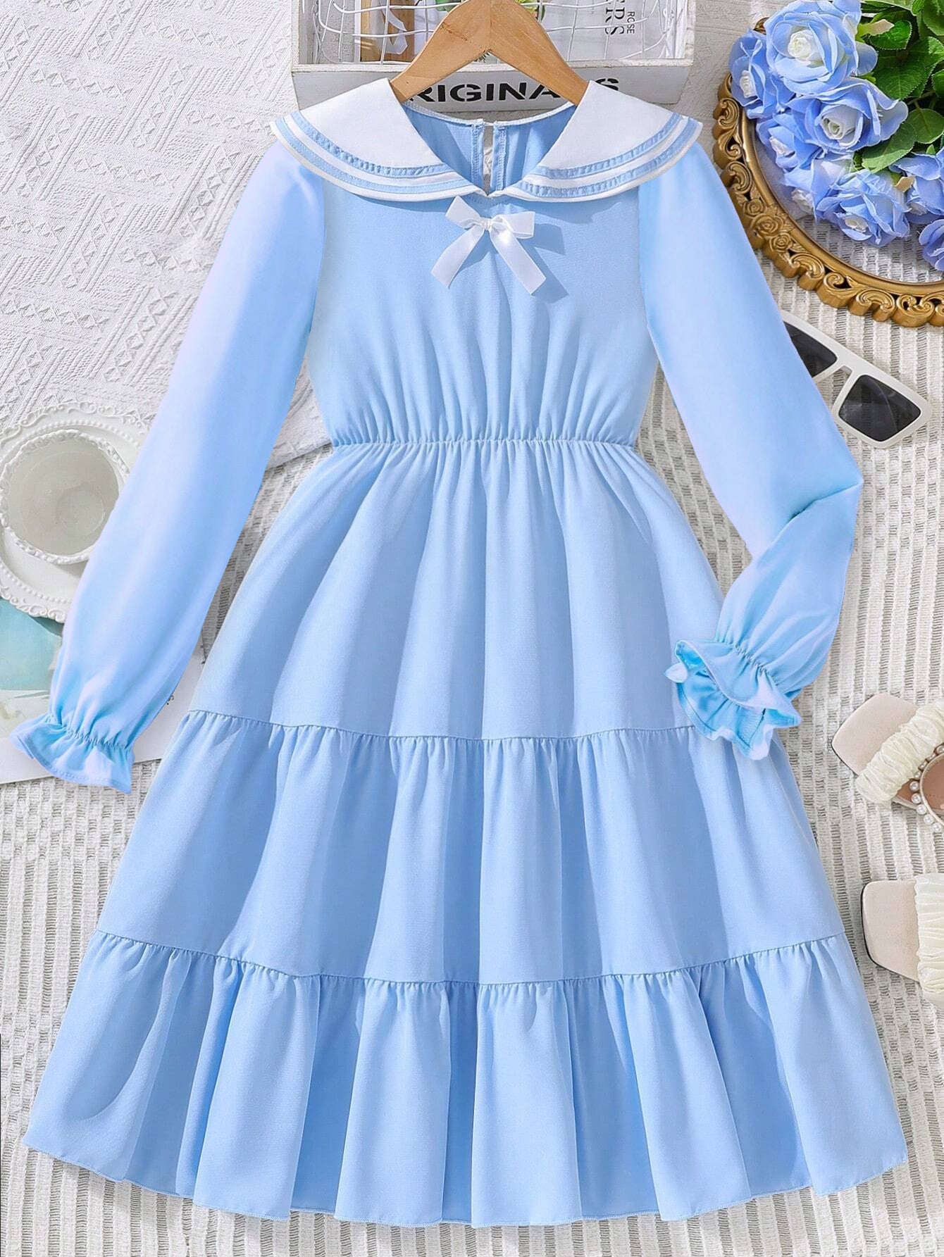 Elegant Girls' Light Blue Long-Sleeve Dress with Sailor Collar Wholesale