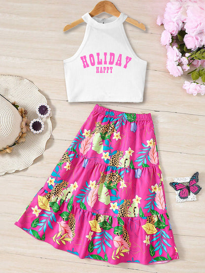 Girls' Sleeveless Top & Vibrant Jungle Print Skirt Set Wholesale