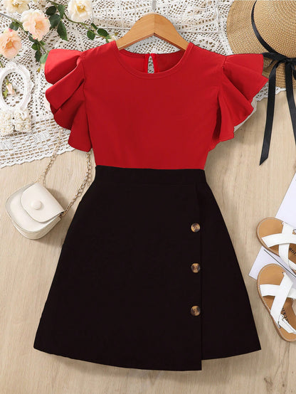 Girls'Red Ruffle Sleeve Top & Black A-Line Skirt Set Wholesale