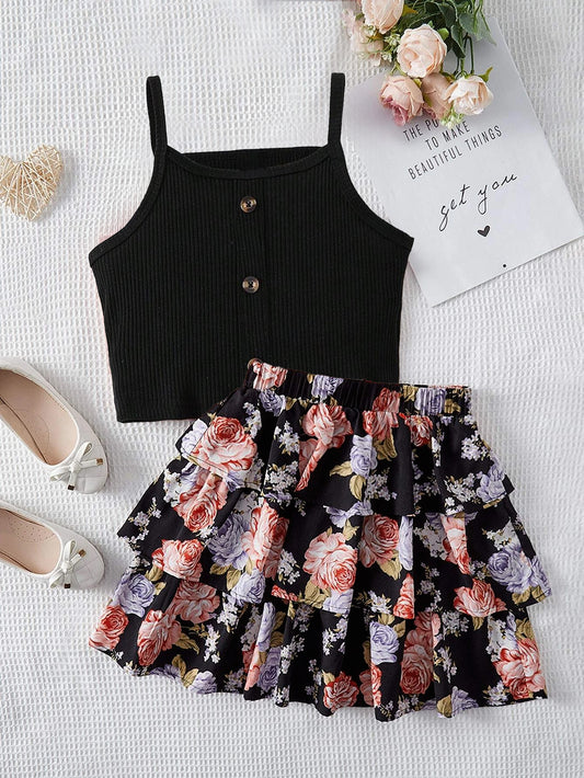 Girls' Floral Ruffle Skirt & Buttoned Ribbed Crop Top Set Wholesale