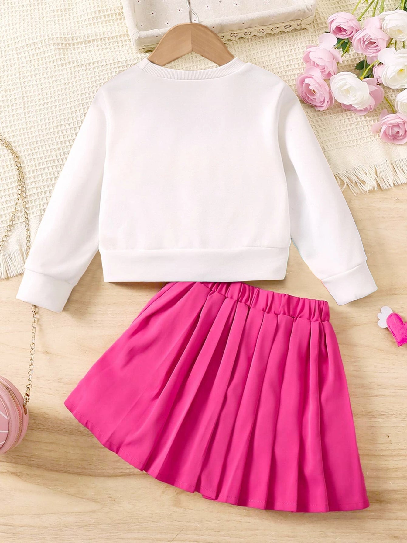 Girls' Cute Cat Graphic Sweatshirt & Pleated Skirt Set Wholesale