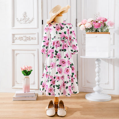 Girls' Pink Floral Long-Sleeve Tiered Maxi Dress Wholesale