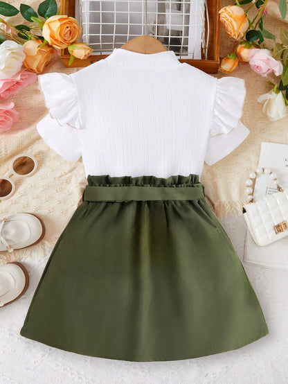 Girls' Ruffle Sleeve Top & High-Waisted Skirt Set Wholesale