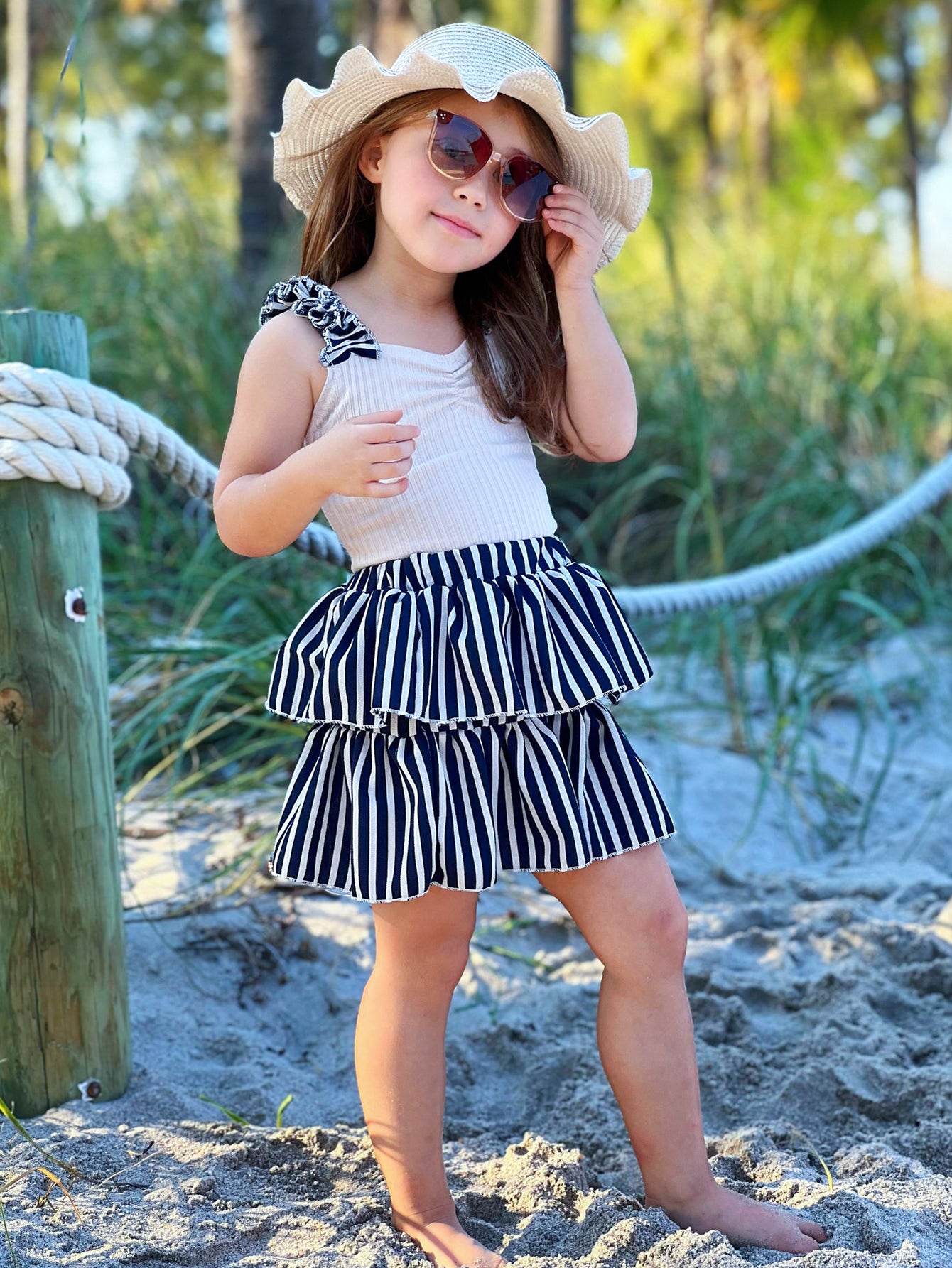 Girls' Nautical Striped Tiered Skirt Set Wholesale