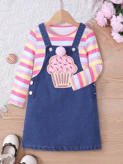 GirlsCute Striped Top &Faux Denim Pinafore Dress Set Wholesale