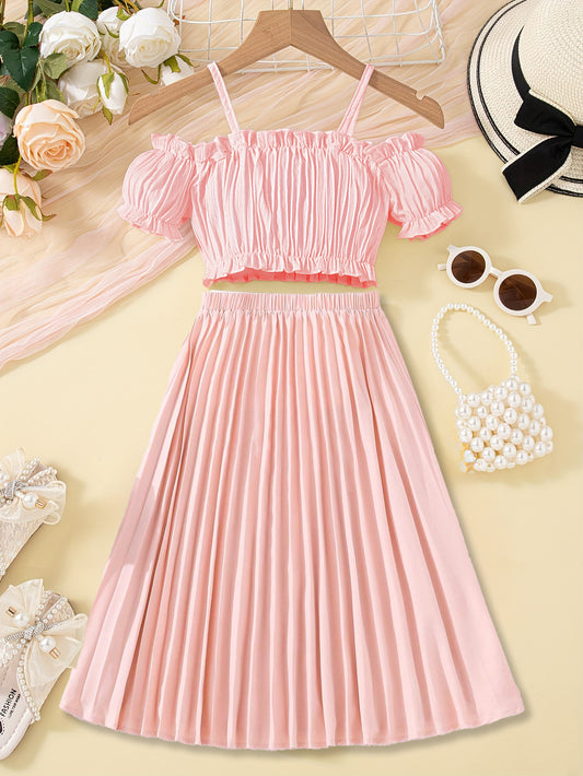 Girls' Off-Shoulder Top and Pleated Skirt Set - Pastel Pink Wholesale