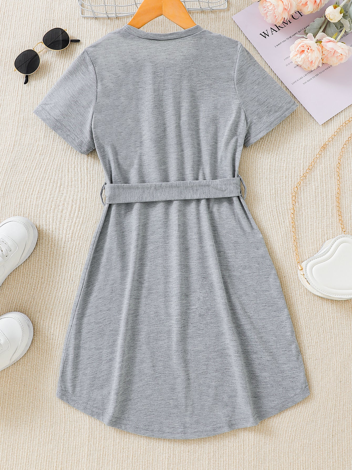 Girls'Gray T-Shirt Dress with Waist Tie Wholesale