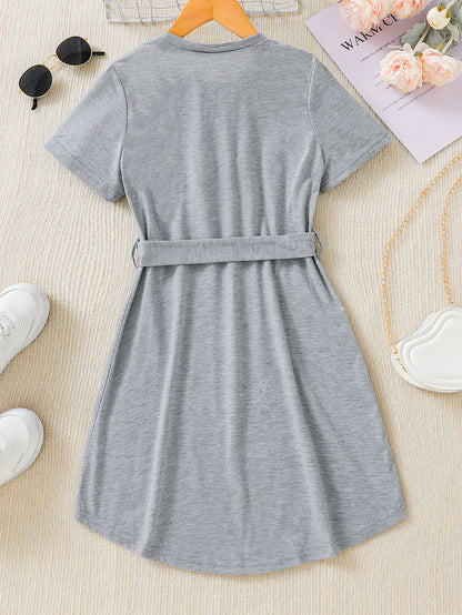 Girls'Gray T-Shirt Dress with Waist Tie Wholesale