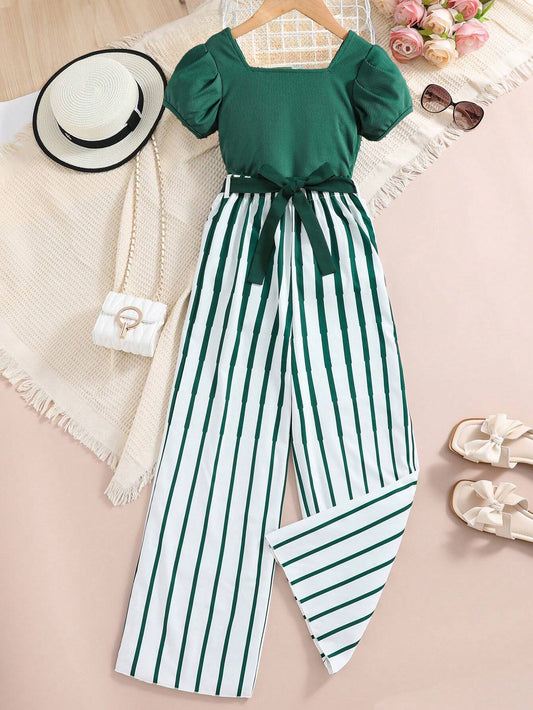 Girls' Puff Sleeve Green Top & Striped Wide-Leg Pants Set Wholesale