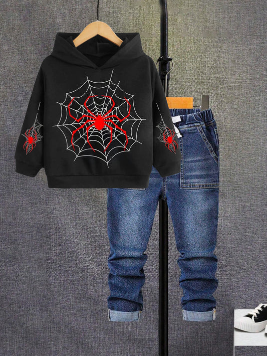 Spider Web Hoodie & Denim Jeans Set for Boys Wholesale