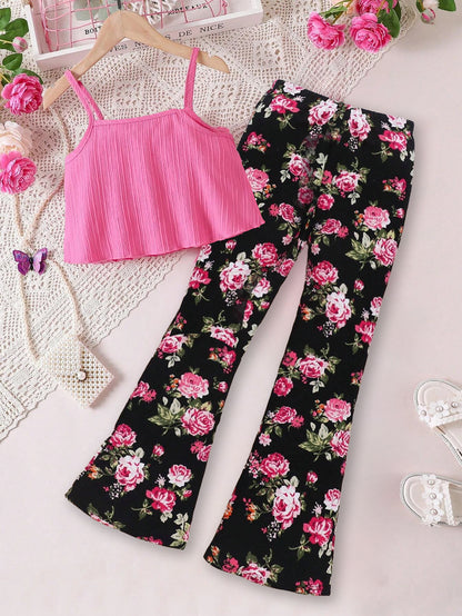 Floral Ruffled Pink Top & Rose Print Flared Pants Set Wholesale