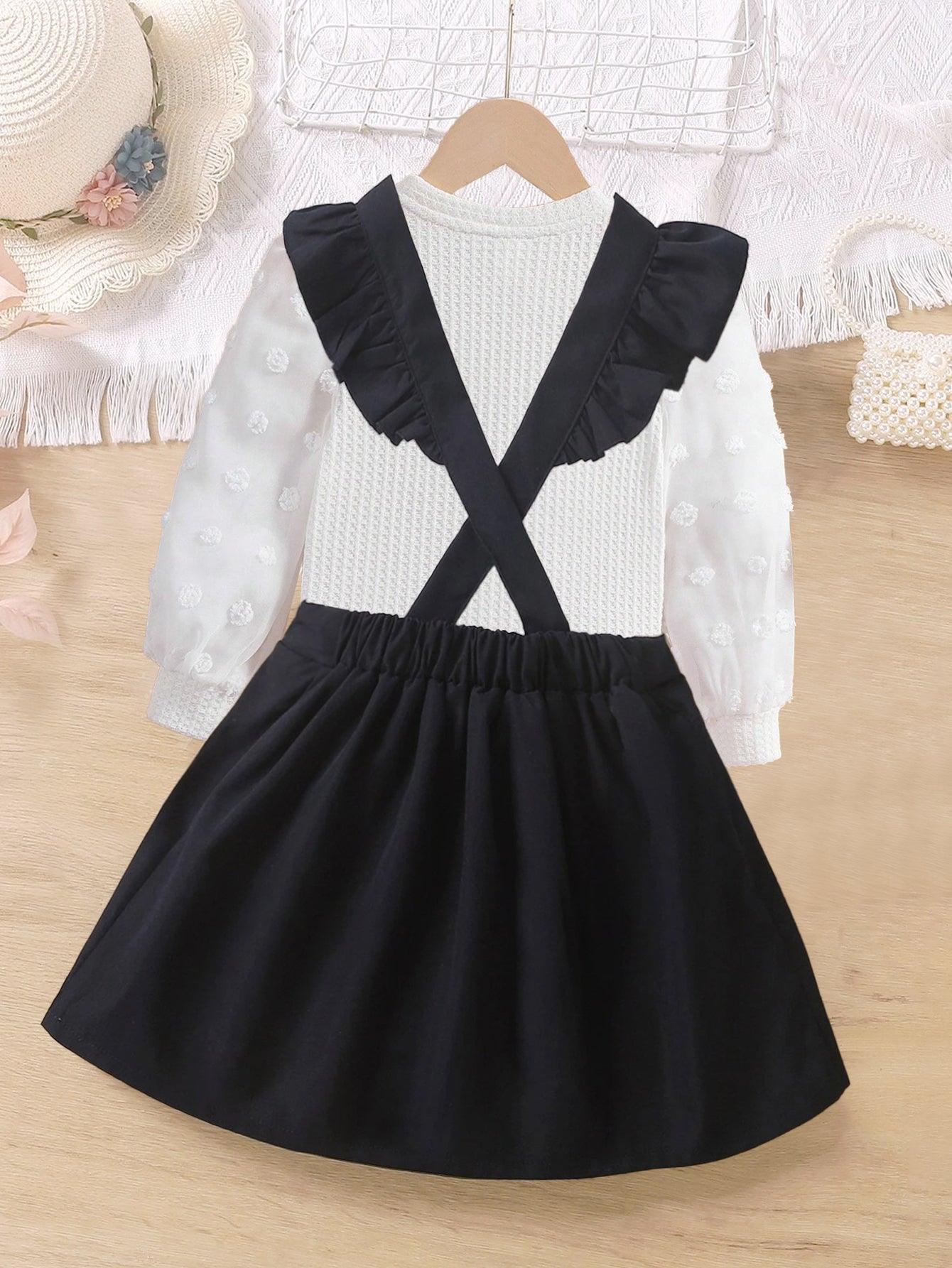 Girls' Ruffled Suspender Skirt & Polka Dot Mesh Sleeve Top Set Wholesale