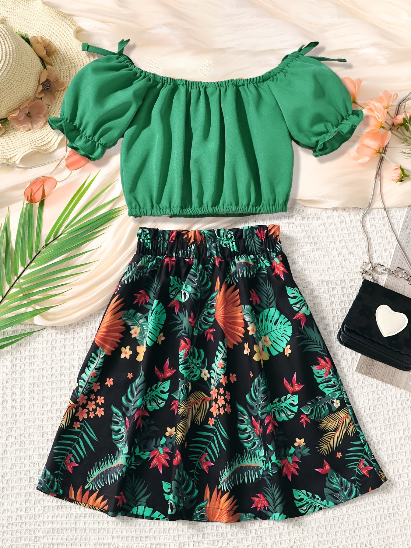 Girls' Off-Shoulder Crop Top & Tropical Floral Skirt Set Wholesale