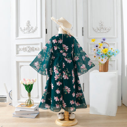 Girls' Dark Green Floral Bell-Sleeve Dress Wholesale