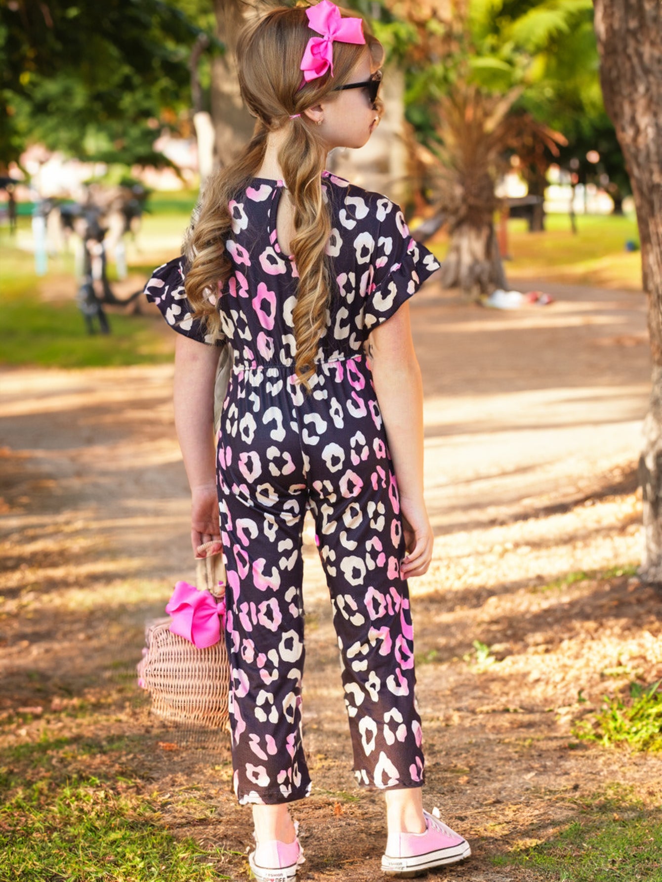 Girls' Pink & Black Leopard Print Ruffle Jumpsuit Wholesale