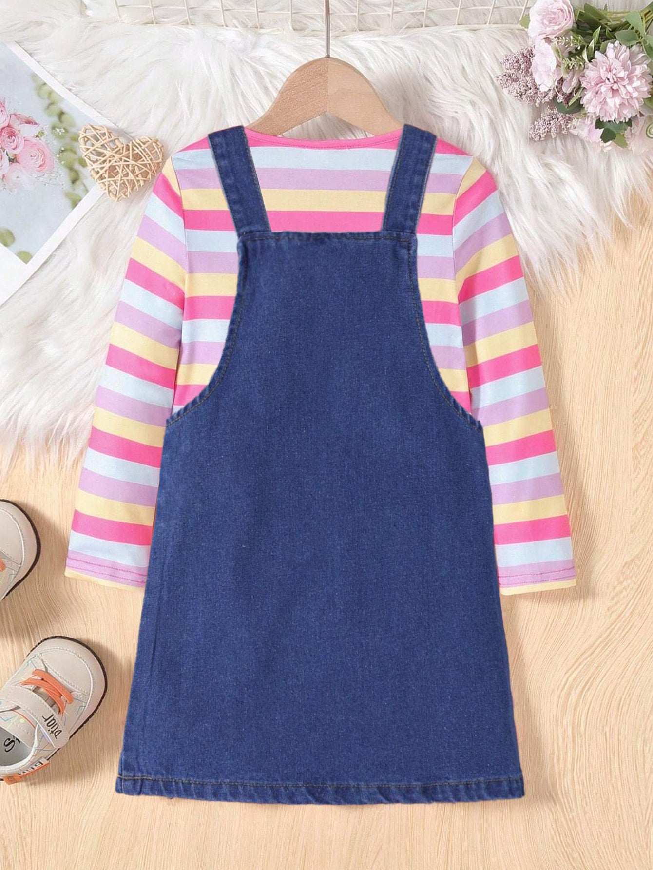 GirlsCute Striped Top &Faux Denim Pinafore Dress Set Wholesale