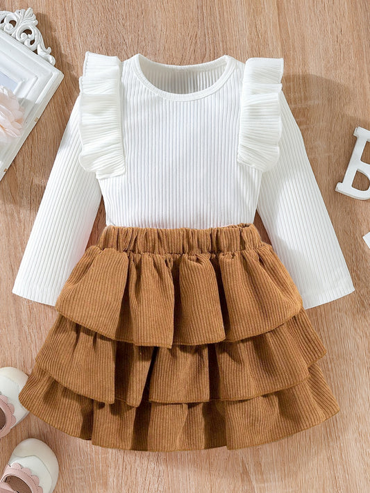 Ruffle Sleeve Ribbed Top & Tiered Corduroy Skirt Set for Girls