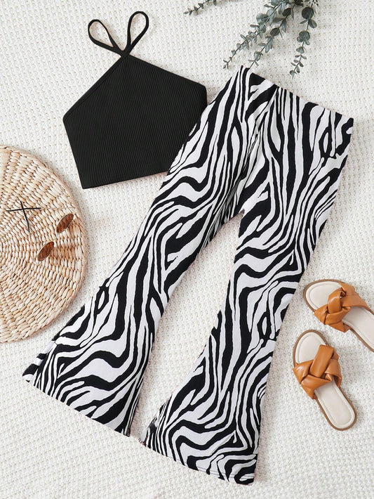 Girls' Zebra Print Flare Pants & Halter Crop Top Set Wholesale