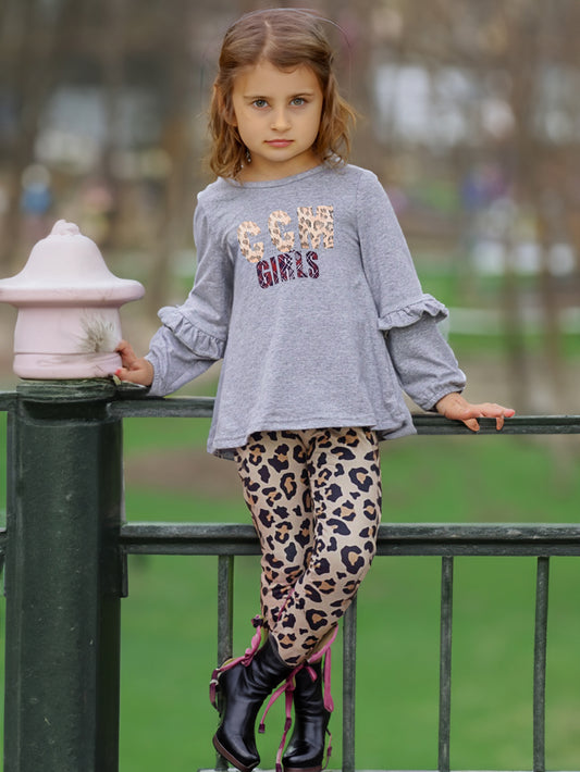 Girls'Ruffle Sleeve Sweatshirt & Leggings Set Wholesale