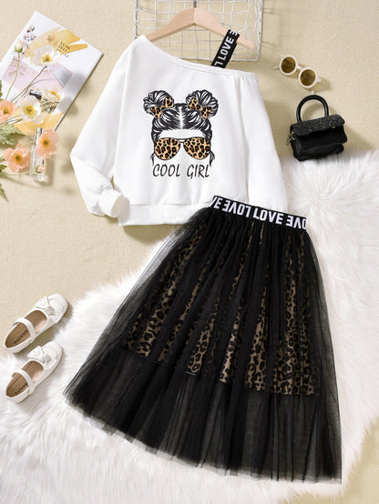 Girls'Sweatshirt and Leopard Print Tulle Skirt Set Wholesale