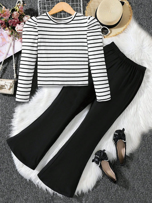 Chic Girls' Black & White Striped Top and Flared Pants Set Wholesale