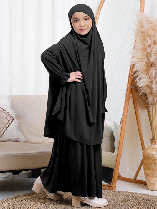 Modest Girls' Full-Length Black Abaya with Hijab Wholesale